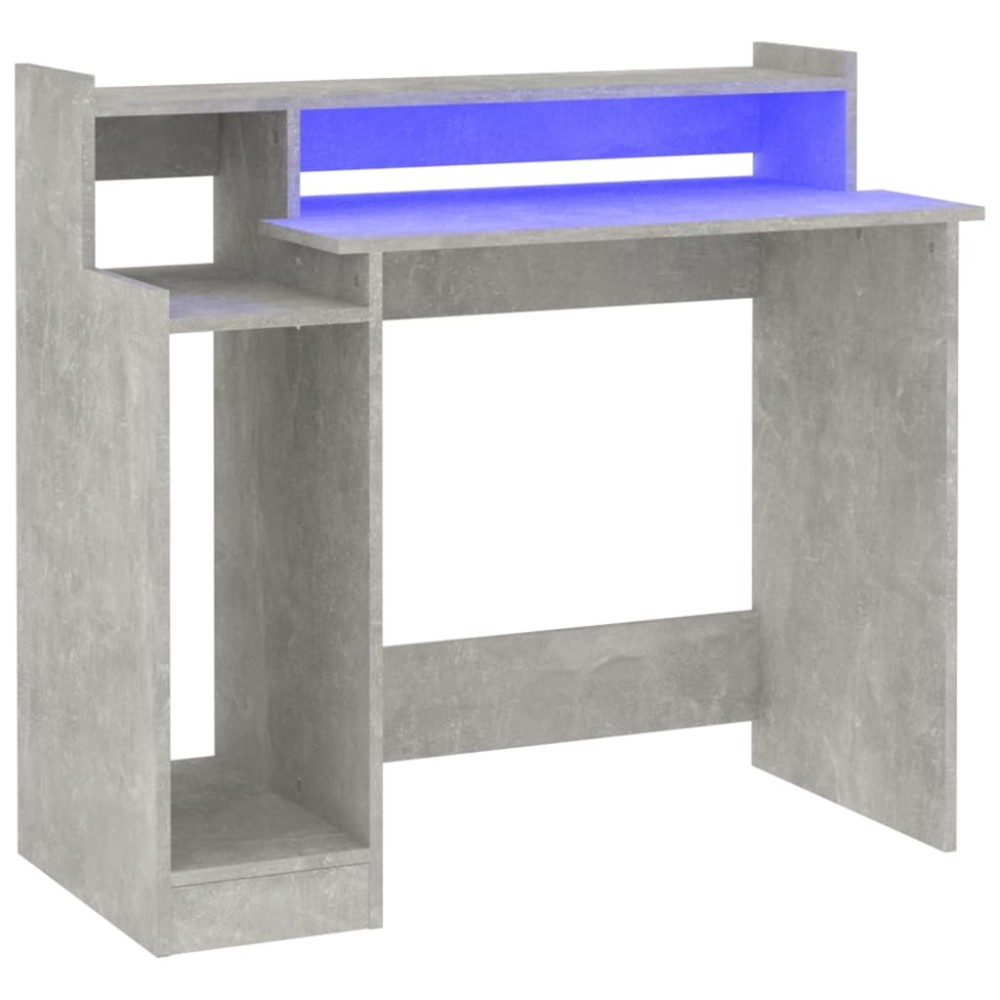 vidaXL Birou cu lumini LED, gri beton, 97x90x45 cm, lemn compozit