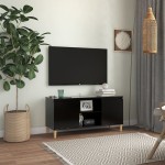 vidaXL Comodă TV, picioare lemn masiv, negru, 103,5x35x50 cm vidaXL Comodă TV, picioare lemn masiv, negru, 103,5x35x50 cm