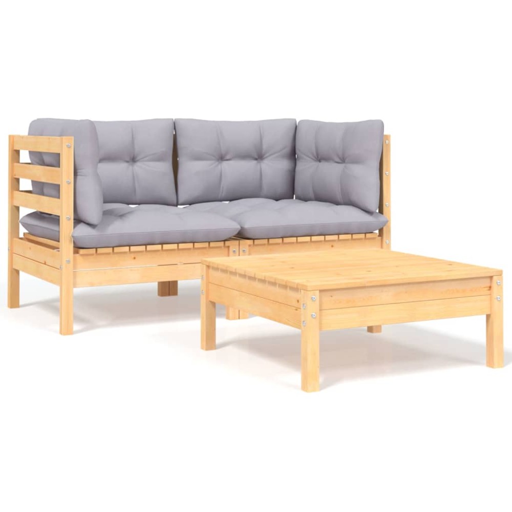 vidaXL Set mobilier de grădină cu perne gri, 3 piese, lemn masiv pin
