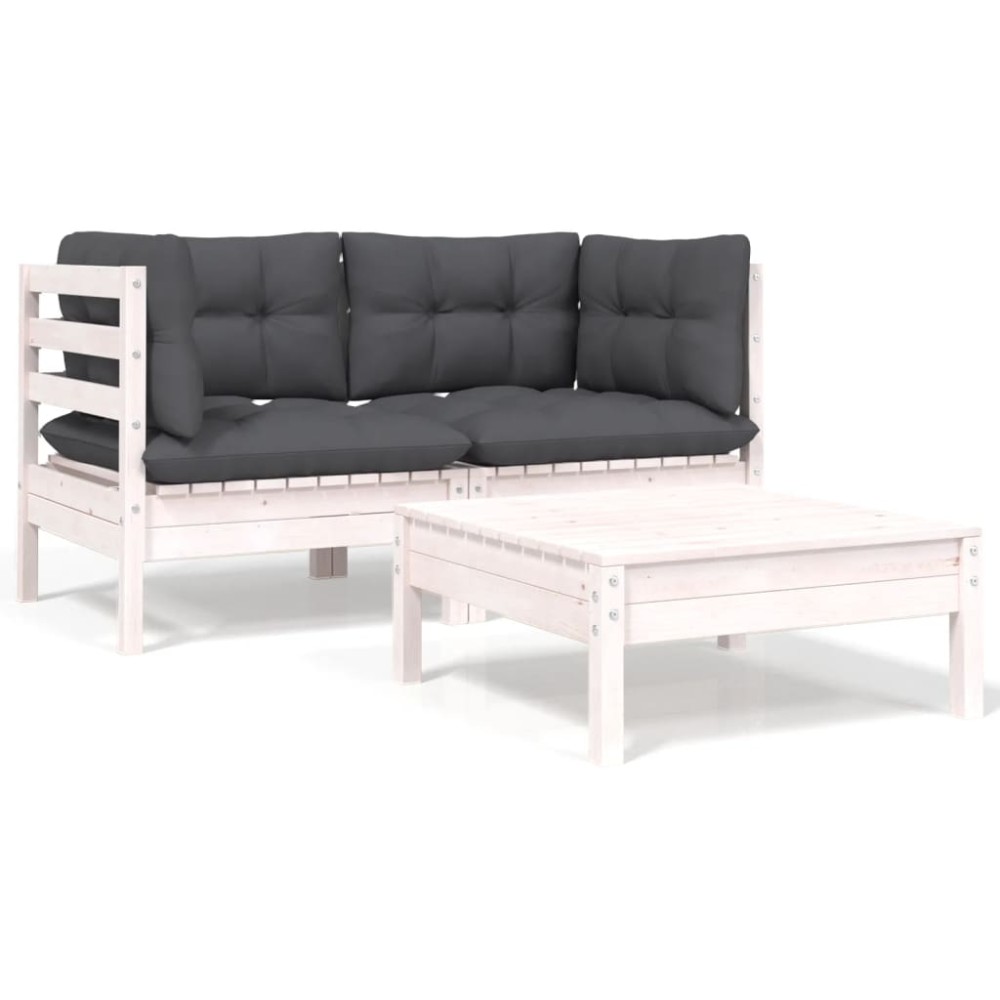 vidaXL Set mobilier de grădină cu perne, 3 piese, alb, lemn masiv pin