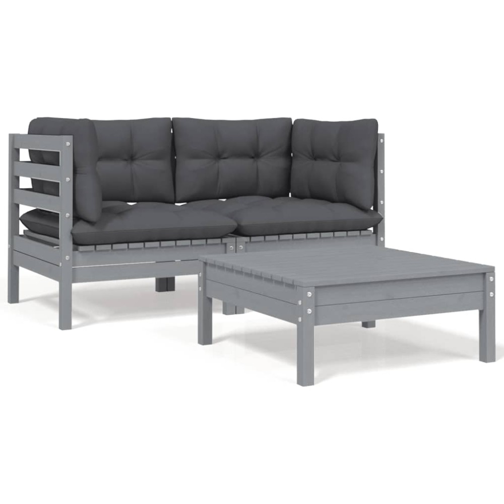 vidaXL Set mobilier de grădină cu perne, 3 piese, gri, lemn masiv pin