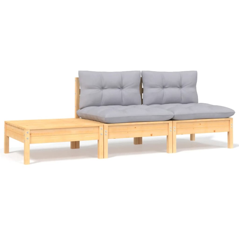 vidaXL Set mobilier de grădină cu perne gri, 3 piese, lemn masiv pin