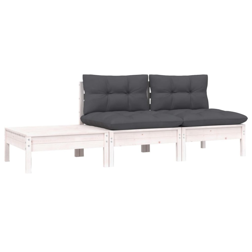 vidaXL Set mobilier de grădină cu perne, 3 piese, alb, lemn masiv pin