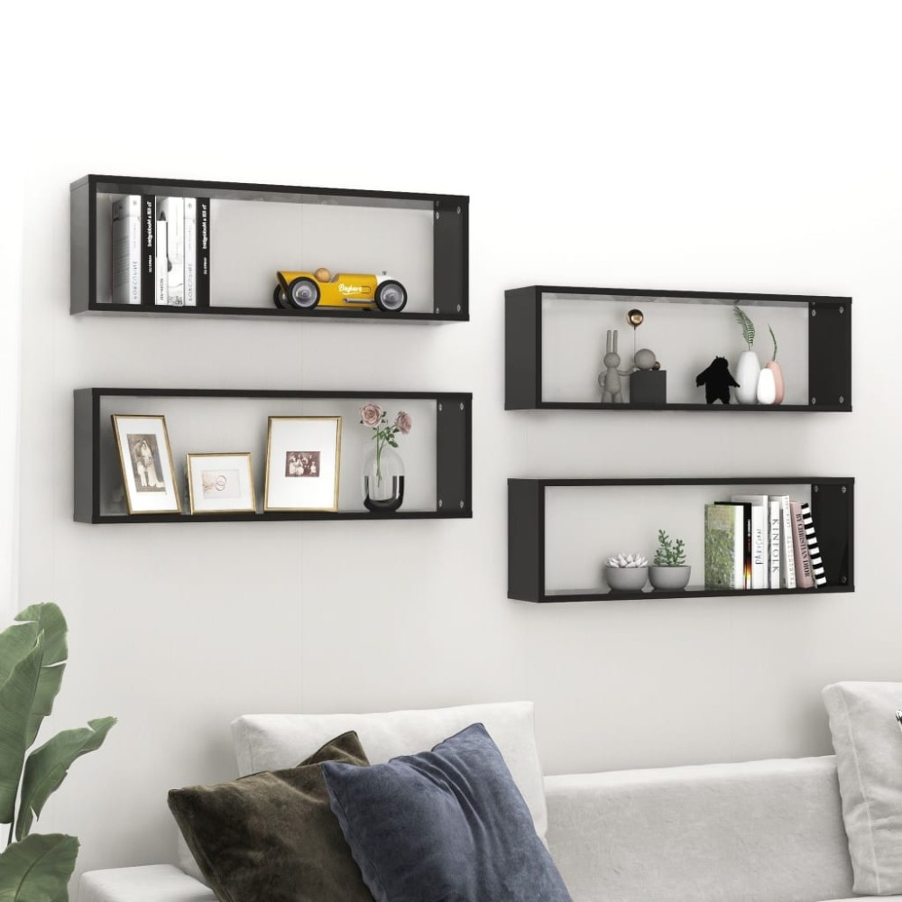 vidaXL Rafturi de perete cub 4 buc negru extralucios 80x15x26,5 cm PAL