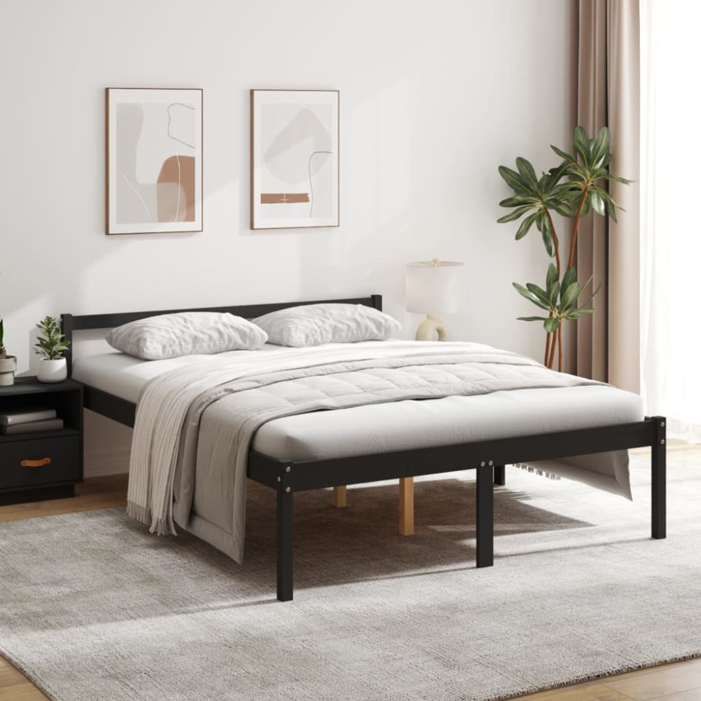 vidaXL Pat pentru seniori king, negru, 150x200 cm, lemn masiv de pin