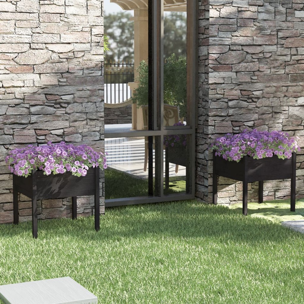 vidaXL Jardiniere grădină, 2 buc., negru, 70x70x70 cm, lemn masiv pin