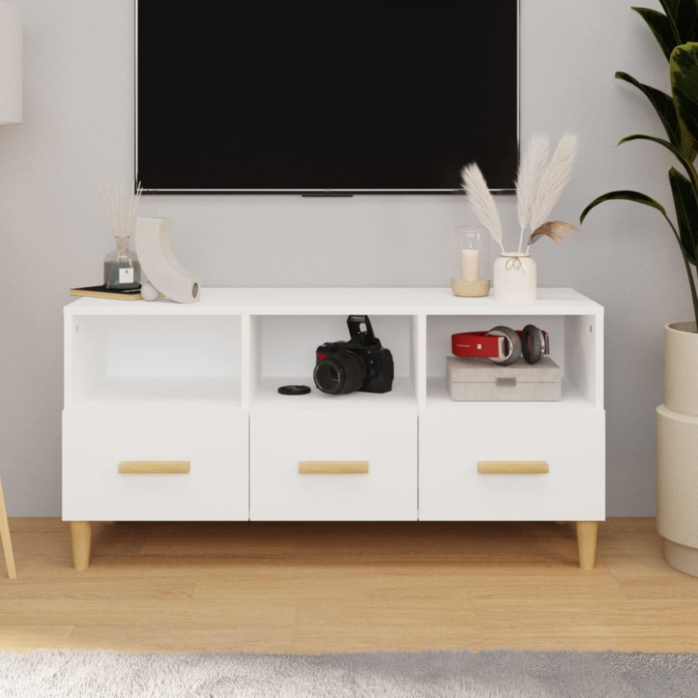 vidaXL Comodă TV, alb extralucios, 102x36x50 cm, lemn prelucrat