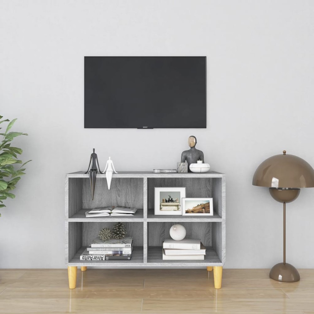 vidaXL Comodă TV cu picioare lemn masiv, gri sonoma, 69,5x30x50 cm