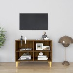 vidaXL Comodă TV, picioare lemn masiv, stejar maro, 69,5x30x50 cm vidaXL Comodă TV, picioare lemn masiv, stejar maro, 69,5x30x50 cm