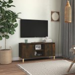 vidaXL Comodă TV, picioare lemn masiv, stejar fumuriu, 103,5x35x50 cm vidaXL Comodă TV, picioare lemn masiv, stejar fumuriu, 103,5x35x50 cm