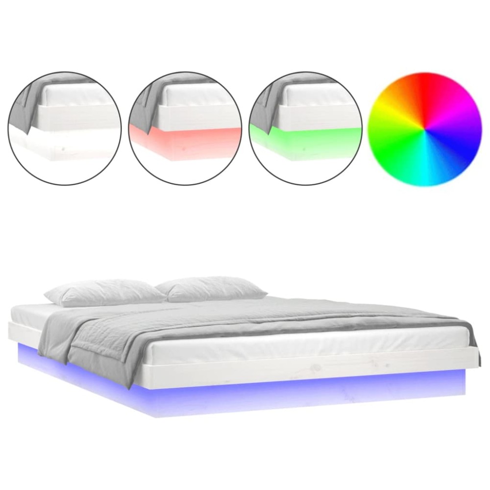 vidaXL Cadru de pat cu LED, alb, 140x190 cm, lemn masiv