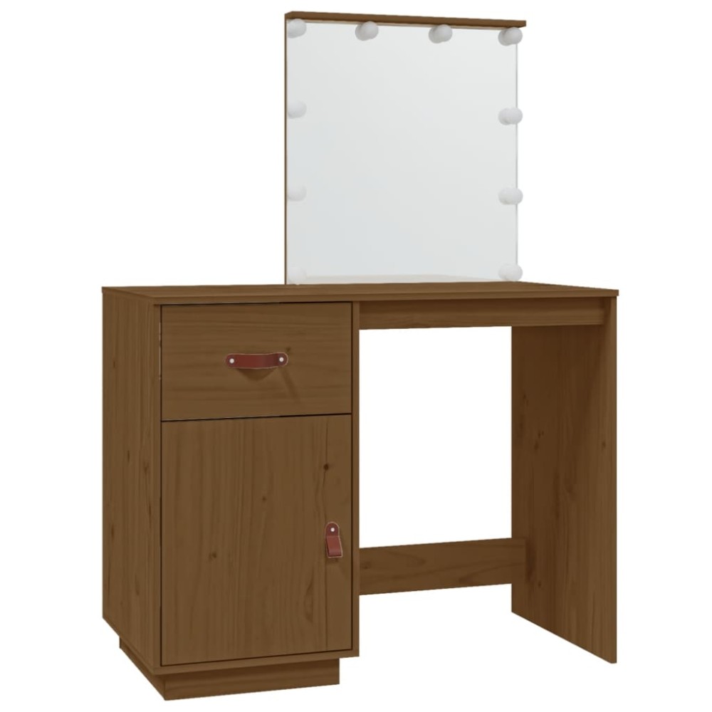 vidaXL Măsuță de toaletă LED maro miere, 95x50x133,5 cm lemn masiv pin