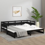 vidaXL Pat de zi extensibil, negru, 2x(80x200) cm, lemn masiv de pin