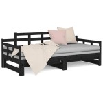 vidaXL Pat extensibil de zi, negru, 2x(90x200) cm, lemn masiv pin