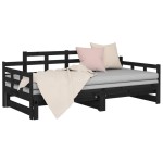 vidaXL Pat extensibil de zi, negru, 2x(90x200) cm, lemn masiv pin
