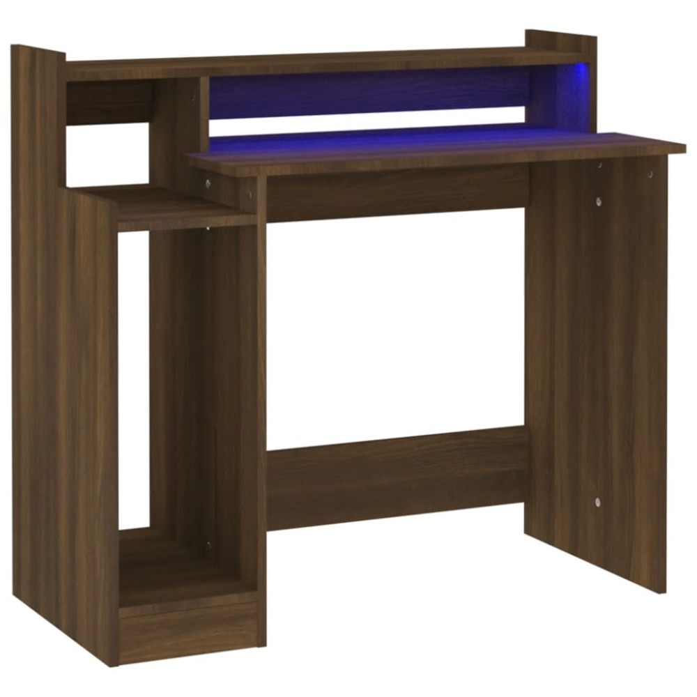 vidaXL Birou cu lumini LED, stejar maro, 97x45x90 cm, lemn prelucrat