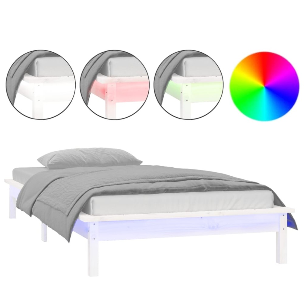 vidaXL Cadru de pat cu LED, alb, 90x200 cm, lemn masiv