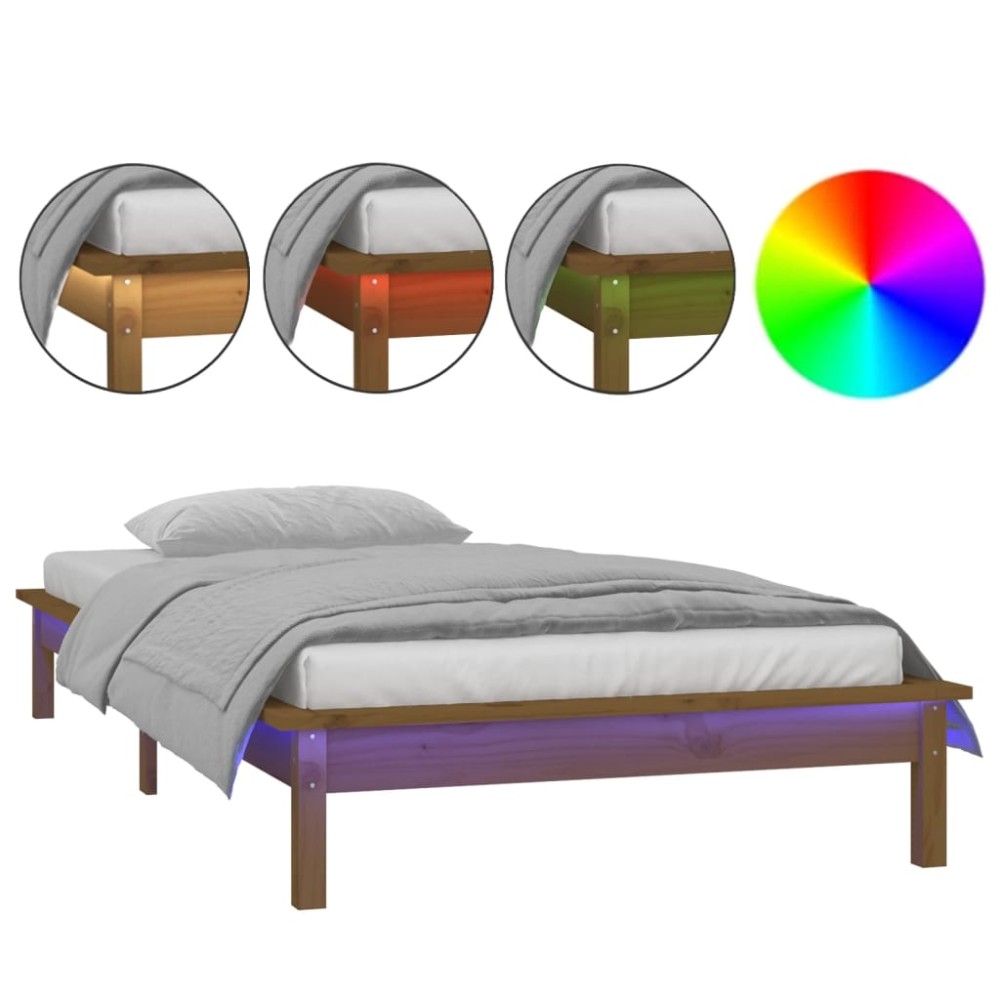 vidaXL Cadru de pat cu LED, maro miere, 90x200 cm, lemn masiv