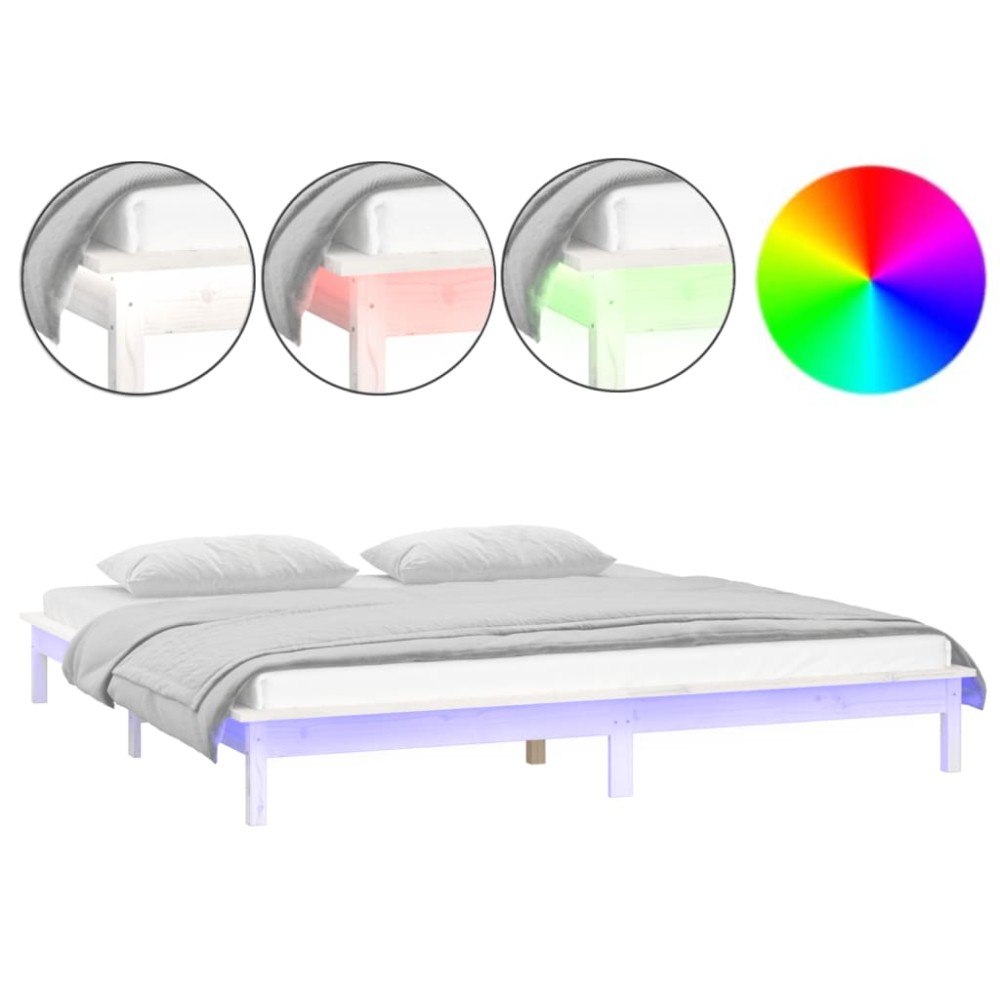 vidaXL Cadru de pat cu LED, alb, 140x200 cm, lemn masiv