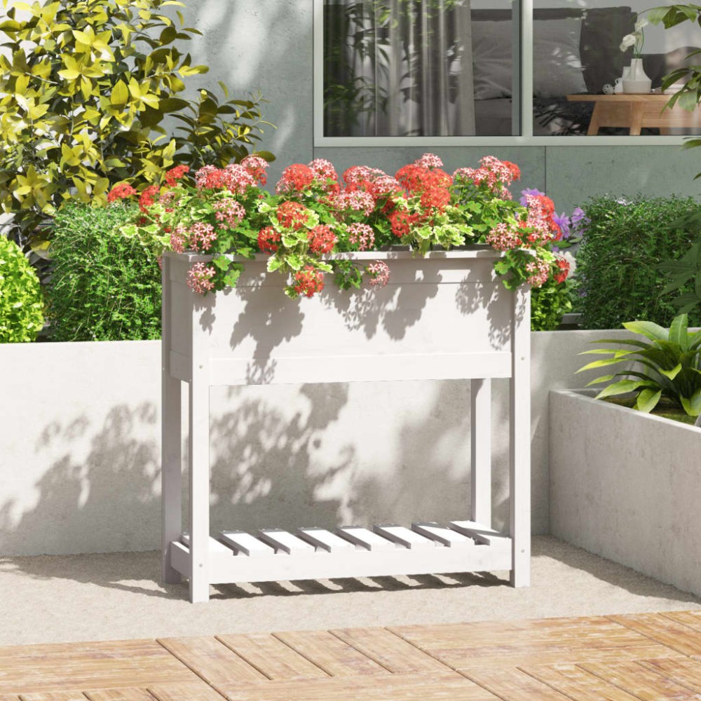 vidaXL Jardinieră cu raft, alb, 82,5x34,5x81 cm, lemn masiv de pin