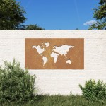 vidaXL Decor perete grădină 105x55 cm design harta lumii oțel Corten vidaXL Decor perete grădină 105x55 cm design harta lumii oțel Corten