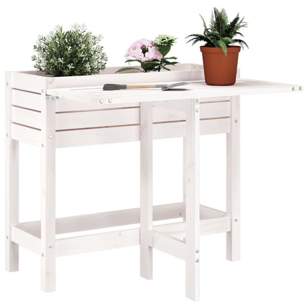 vidaXL Jardinieră de grădină cu blat pliabil alb lemn masiv pin