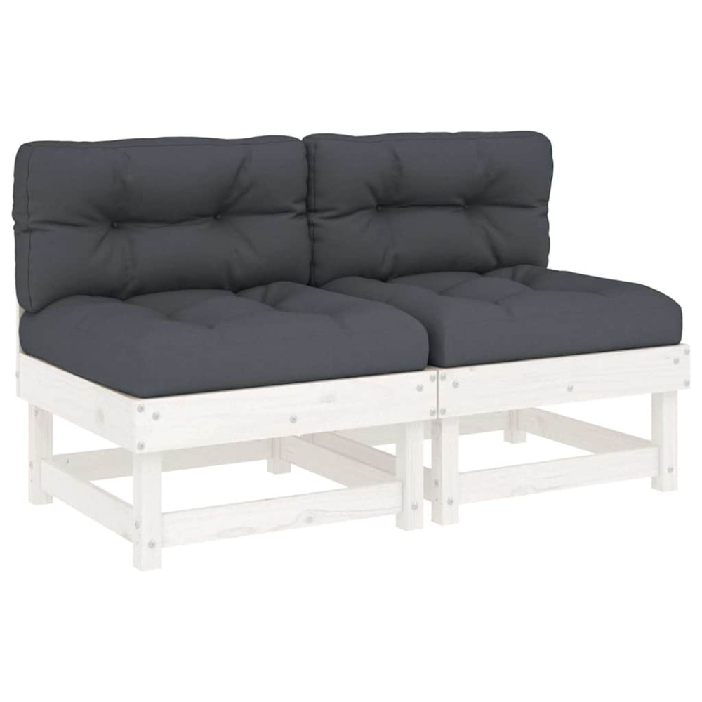 vidaXL Canapele de mijloc cu perne, 2 buc., alb, lemn masiv de pin
