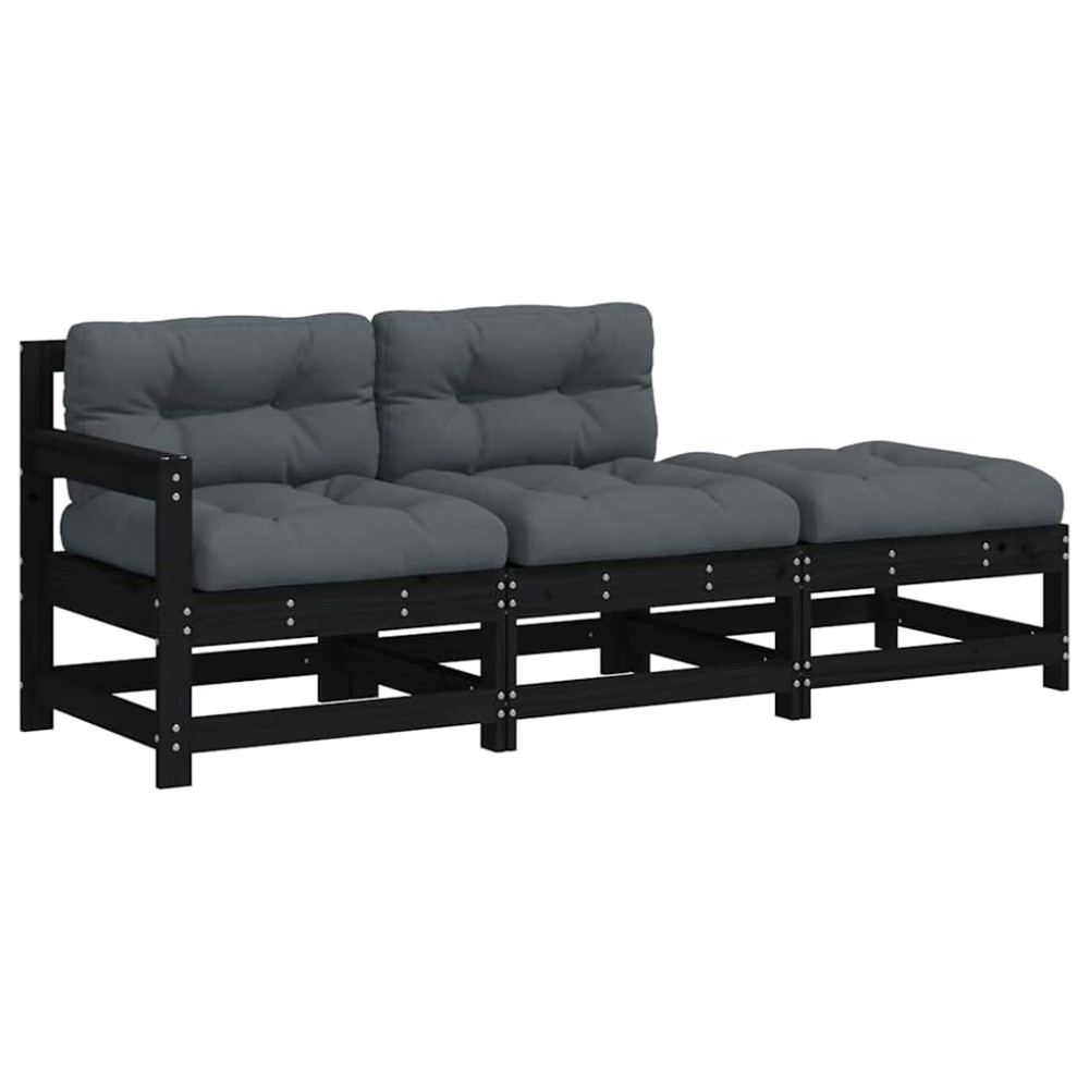 vidaXL Set mobilier de grădină cu perne, 3 piese, negru, lemn masiv