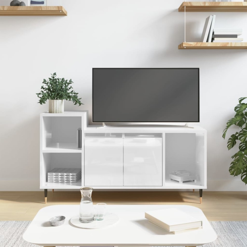 vidaXL Comodă TV, alb extralucios, 100x35x55 cm, lemn prelucrat