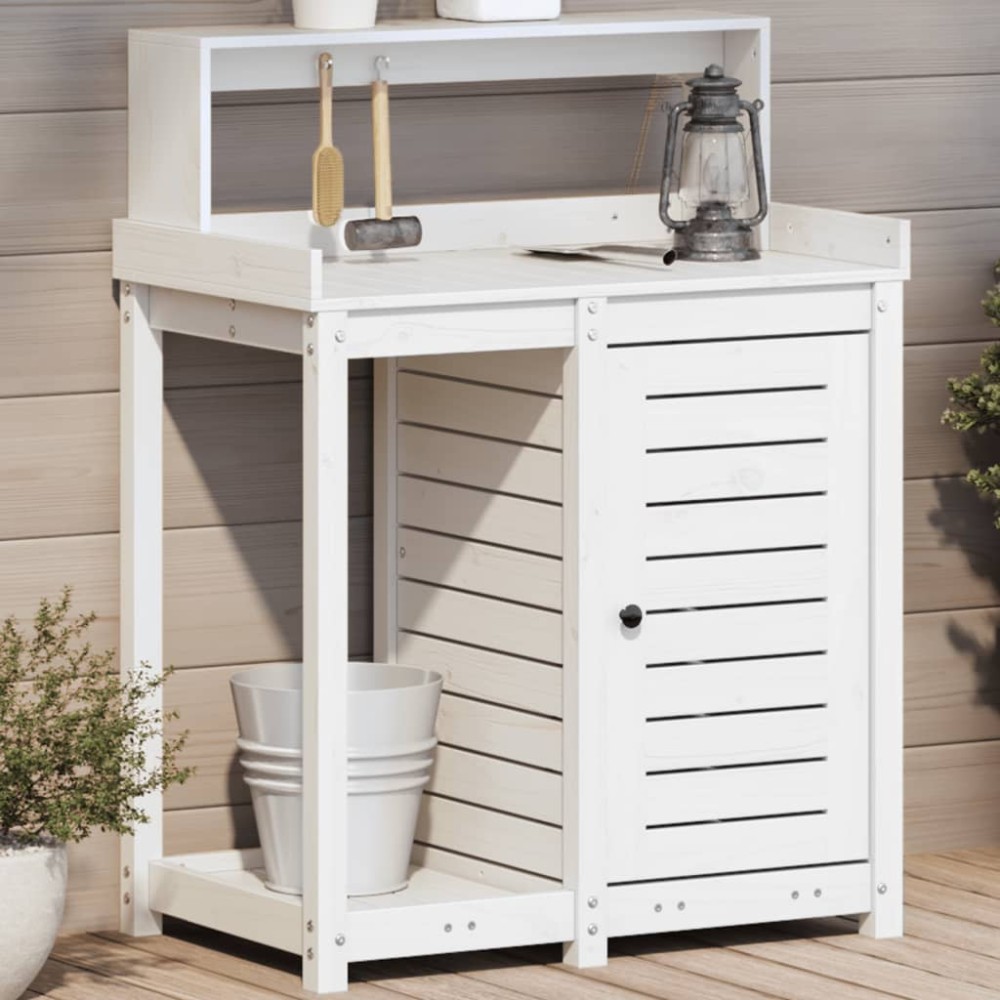 vidaXL Masă de plantare cu rafturi alb 82,5x50x109,5 cm lemn masiv pin
