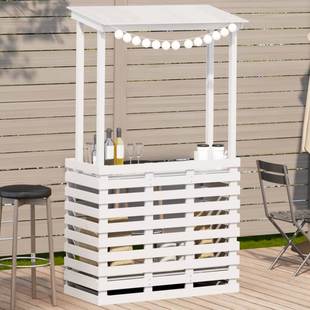 vidaXL Masă bar de exterior cu acoperiș, alb, 112,5x57x195,5 cm, lemn