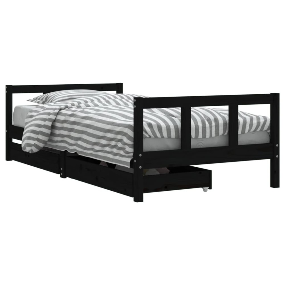 vidaXL Cadru de pat copii cu sertare, negru, 90x190 cm, lemn masiv pin