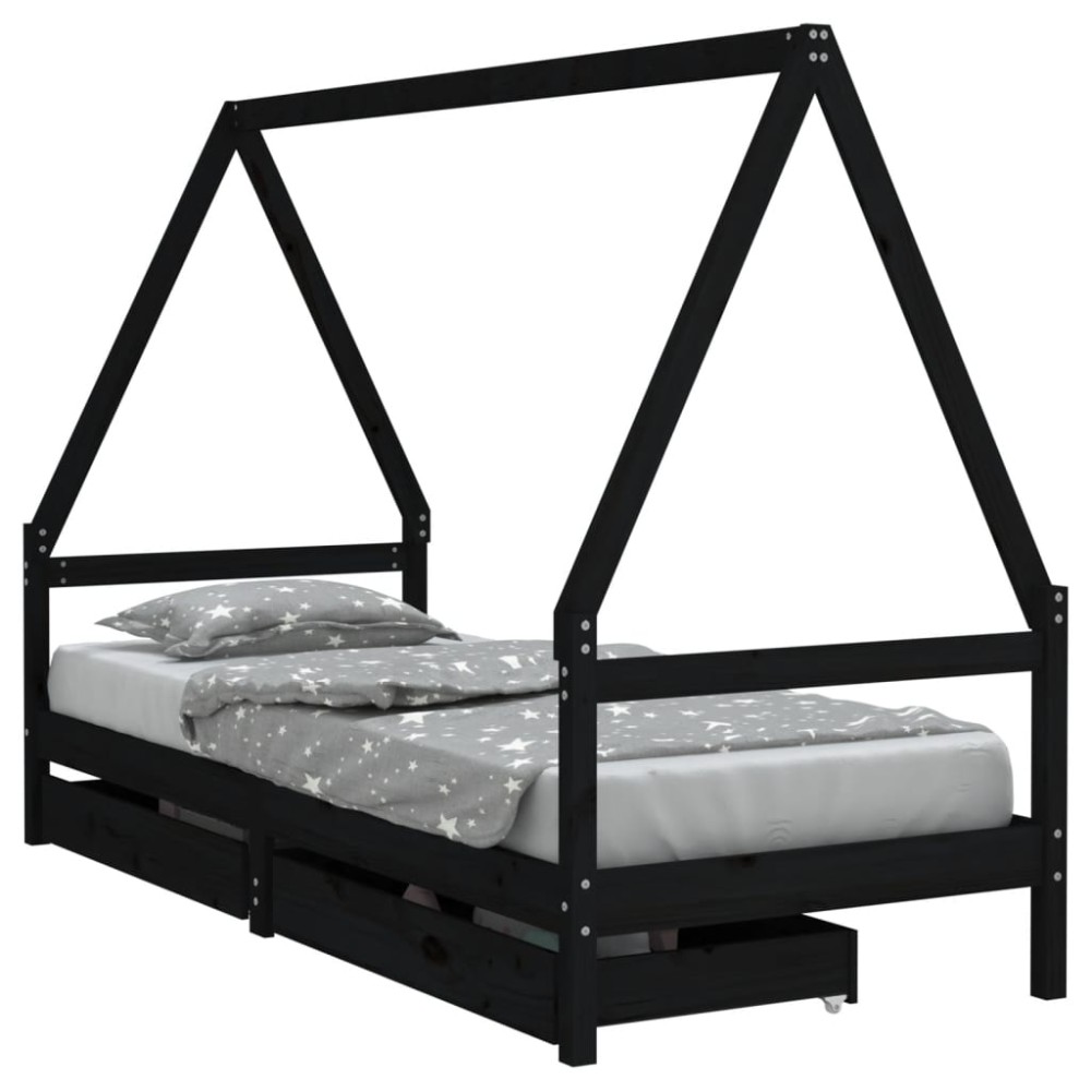 vidaXL Cadru de pat copii cu sertare, negru, 90x200 cm, lemn masiv pin