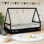 vidaXL Cadru de pat copii cu sertare, negru, 90x200 cm, lemn masiv pin vidaXL Cadru de pat copii cu sertare, negru, 90x200 cm, lemn masiv pin