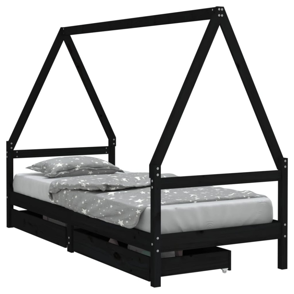 vidaXL Cadru de pat copii cu sertare, negru, 90x190 cm, lemn masiv pin