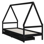vidaXL Cadru de pat copii cu sertare, negru, 90x190 cm, lemn masiv pin vidaXL Cadru de pat copii cu sertare, negru, 90x190 cm, lemn masiv pin