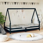 vidaXL Cadru pat pentru copii, negru, 90x200 cm, lemn masiv de pin vidaXL Cadru pat pentru copii, negru, 90x200 cm, lemn masiv de pin