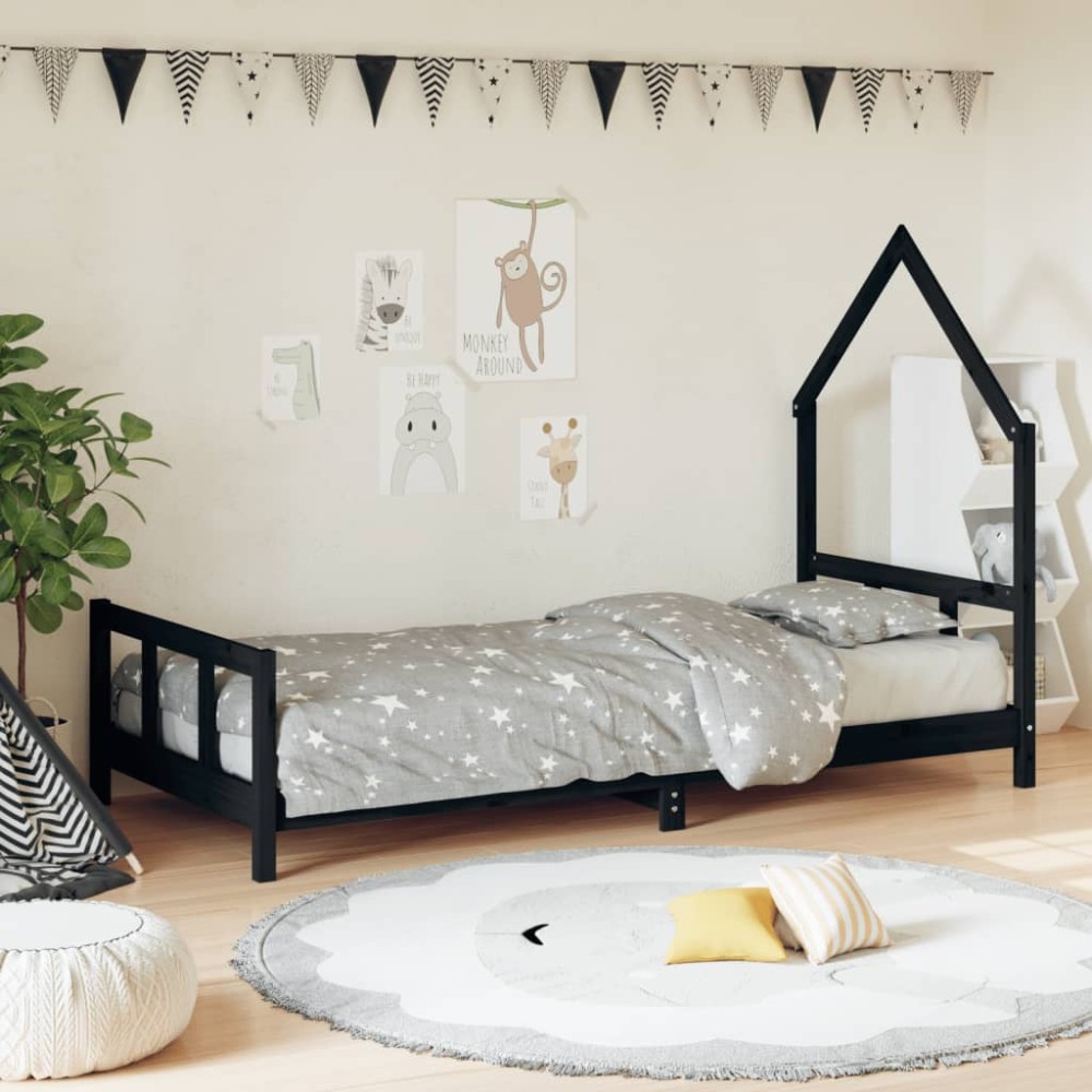 vidaXL Cadru de pat pentru copii, negru, 90x190 cm, lemn masiv de pin