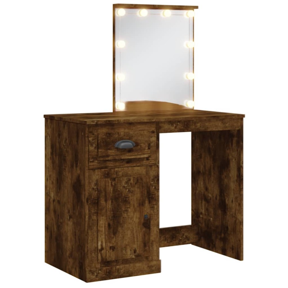 vidaXL Masă de toaletă cu LED-uri, stejar fumuriu, 90x42x132,5 cm