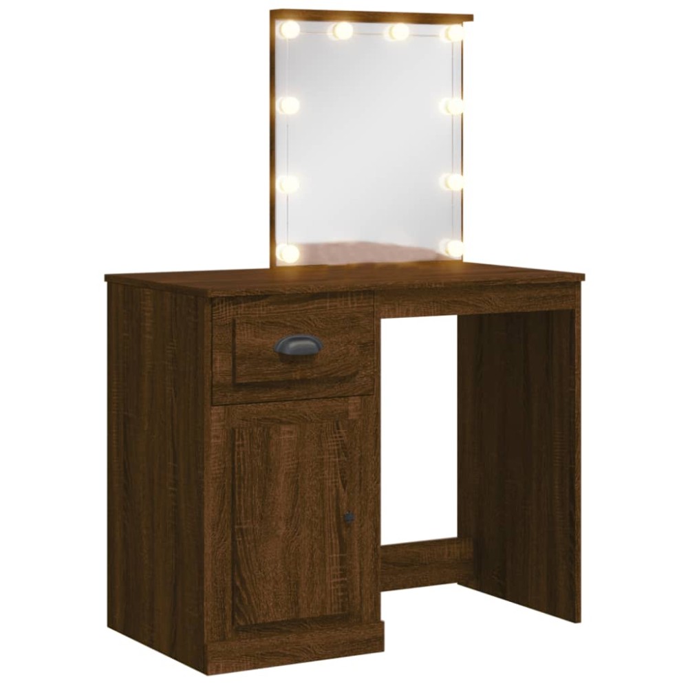 vidaXL Masă de toaletă cu lumini LED, stejar maro, 90x42x132,5 cm
