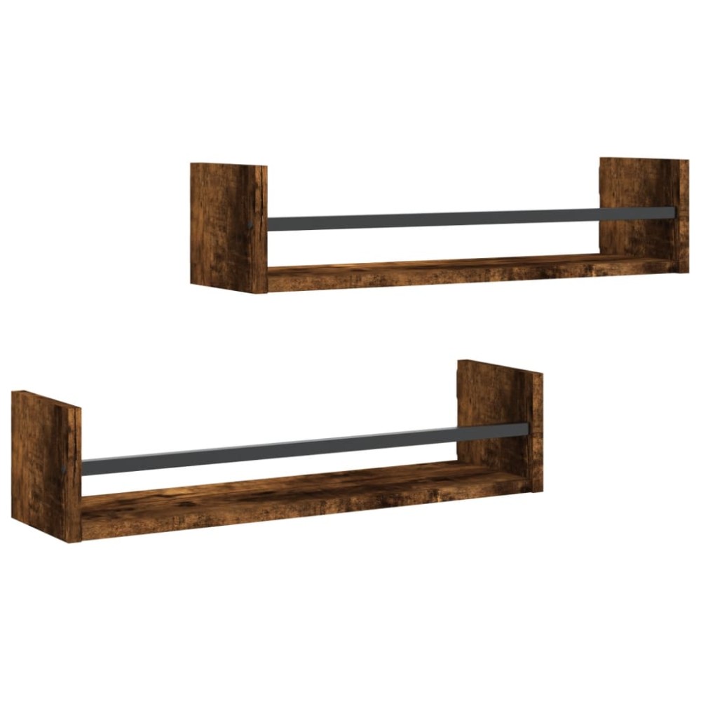 vidaXL Rafturi de perete cu bare 2 buc, stejar afumat, 60x16x14 cm