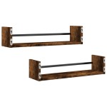 vidaXL Rafturi de perete cu bare 2 buc, stejar afumat, 60x16x14 cm vidaXL Rafturi de perete cu bare 2 buc, stejar afumat, 60x16x14 cm
