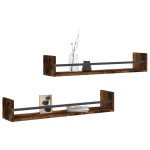vidaXL Rafturi de perete cu bare, 2 buc, stejar afumat, 80x16x14 cm vidaXL Rafturi de perete cu bare, 2 buc, stejar afumat, 80x16x14 cm