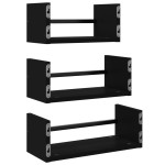 vidaXL Set rafturi de perete cu bare, 3 buc., negru, lemn prelucrat