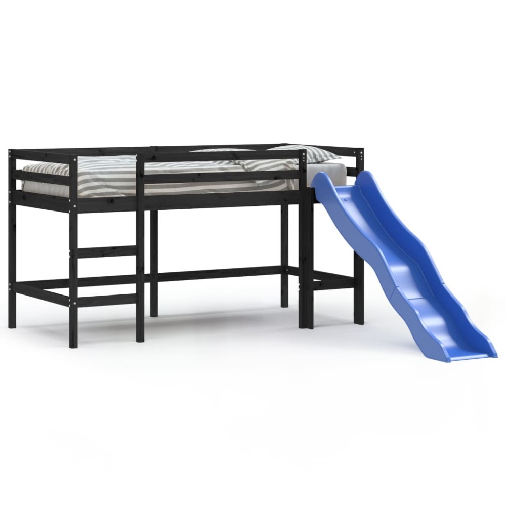 vidaXL Pat pentru copii cu tobogan, negru, 80x200 cm, lemn masiv pin