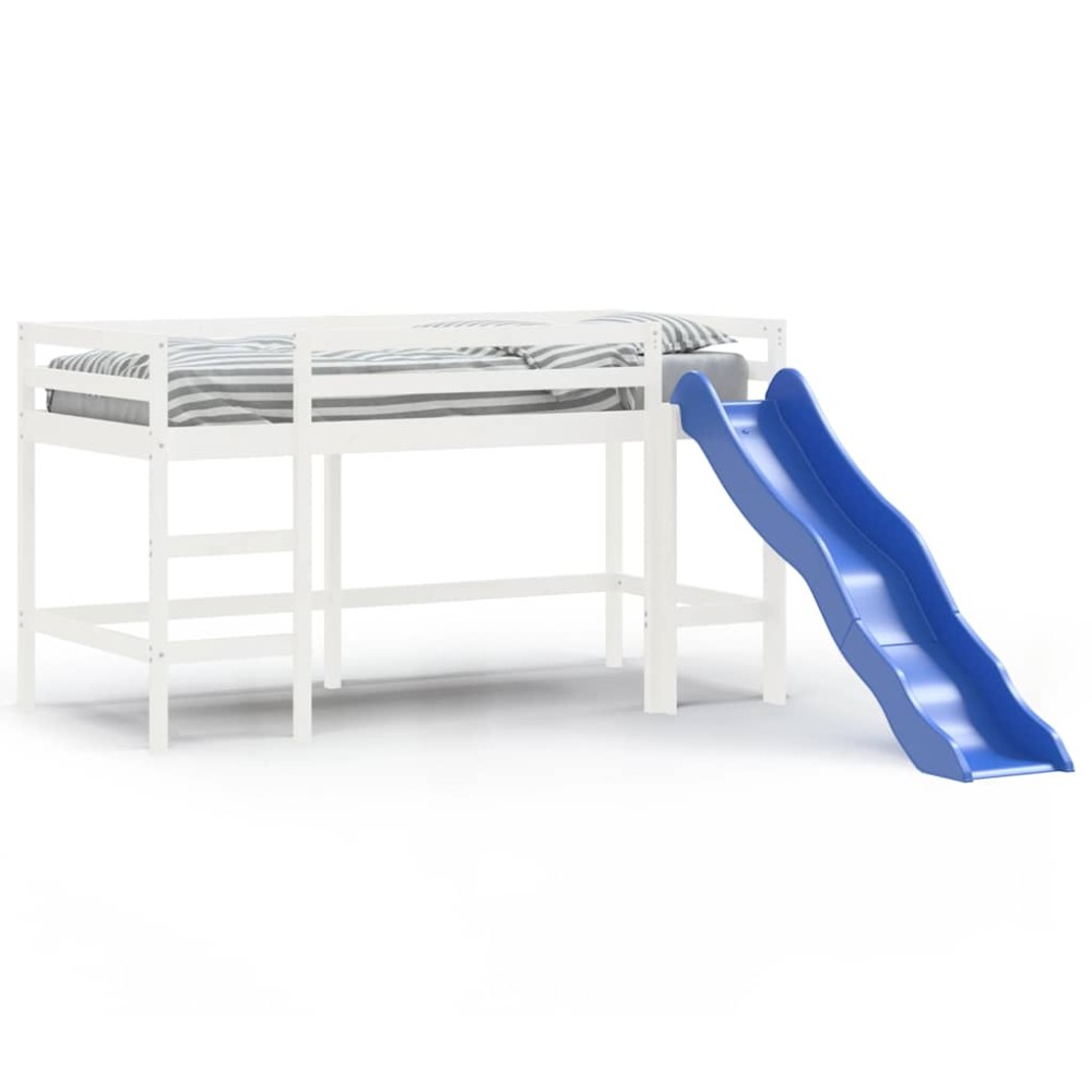 vidaXL Pat pentru copii cu tobogan, alb, 90x200 cm, lemn masiv pin