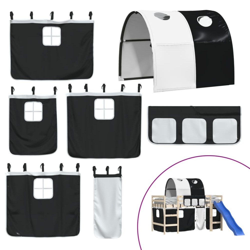 vidaXL Perdele pentru pat etajat cu tunel, alb și negru, poliester