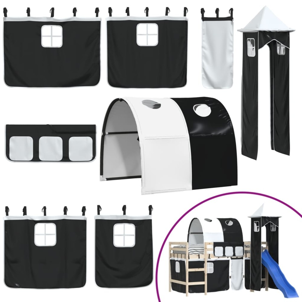 vidaXL Perdele pentru pat etajat cu tunel și turn, alb și negru