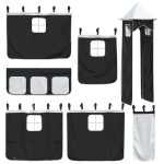 vidaXL Perdele pentru pat etajat cu turn, alb și negru, poliester