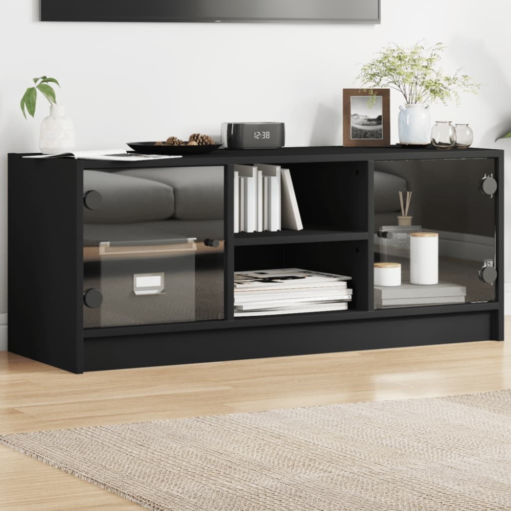 vidaXL Comodă TV cu uși din sticlă, negru, 102x37x42 cm